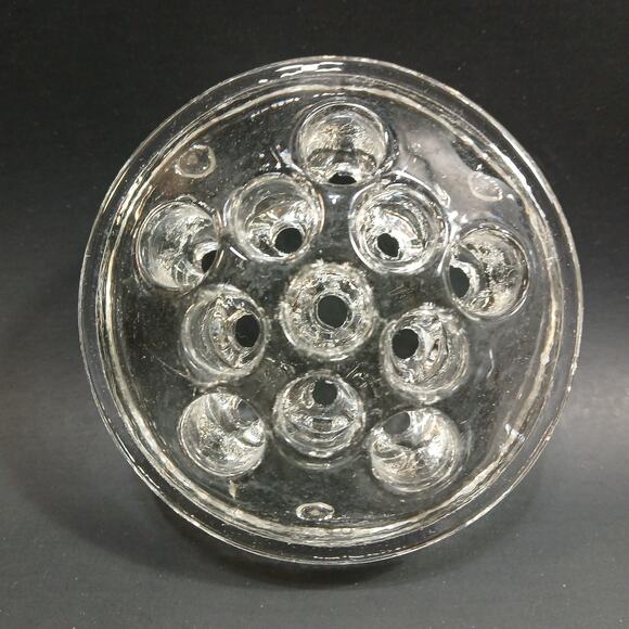 Vtg Round Clear Glass Flower Frog 3 Footed 11 Hole 3.25" Dia 1.5" Tall ?Crack? - Picture 2 of 8